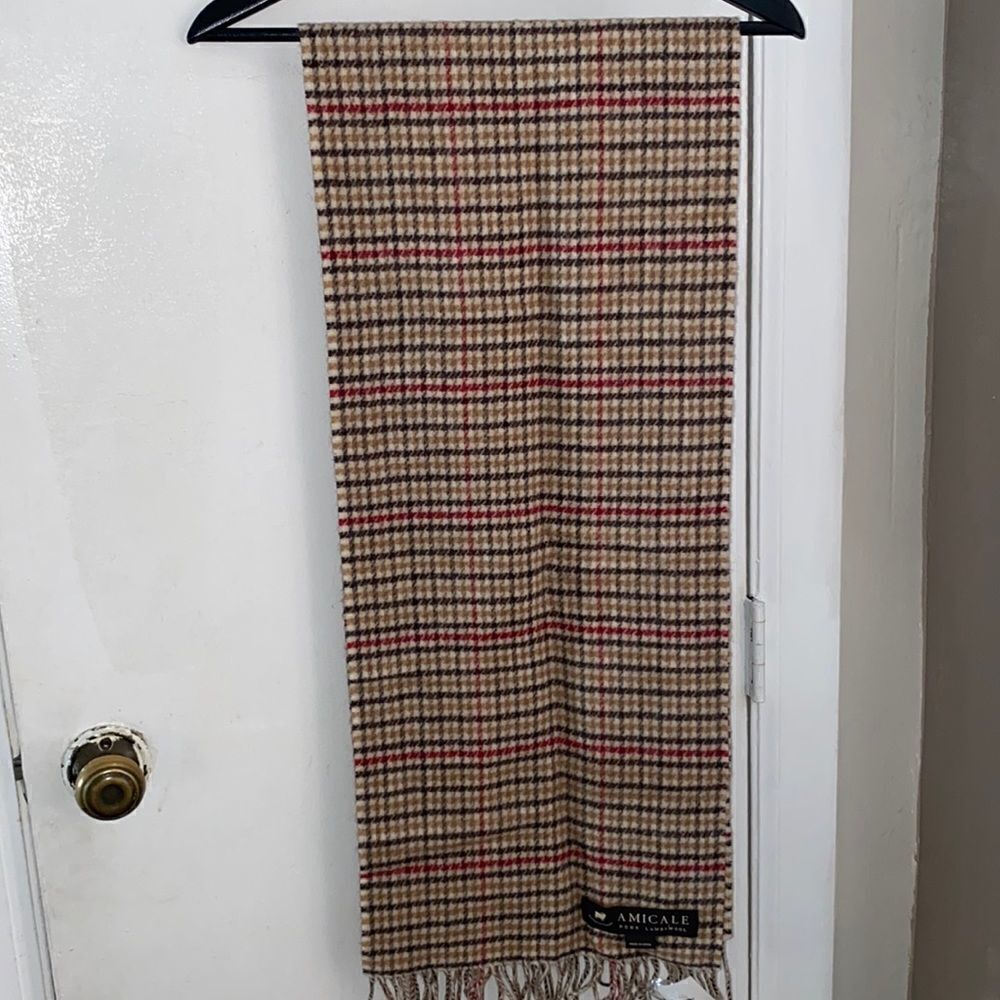AMICALE Lambswool Tan Plaid Scarf
